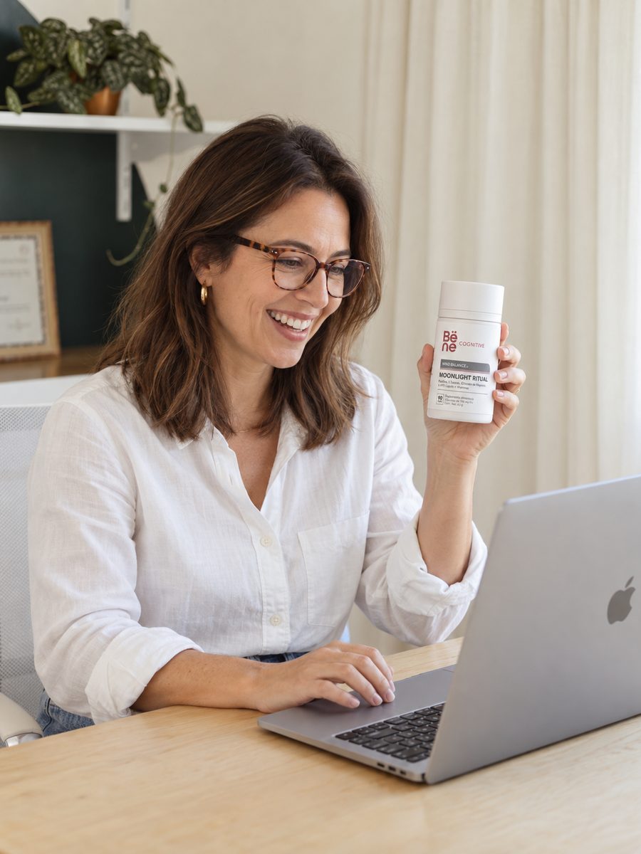 Profesional de la salud frente a su laptop mostrando un frasco de Bëne Moonlight Ritual